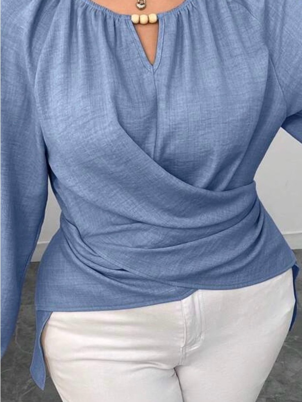 Women’s Light Blue Wrap-Style Blouse with Keyhole Neckline